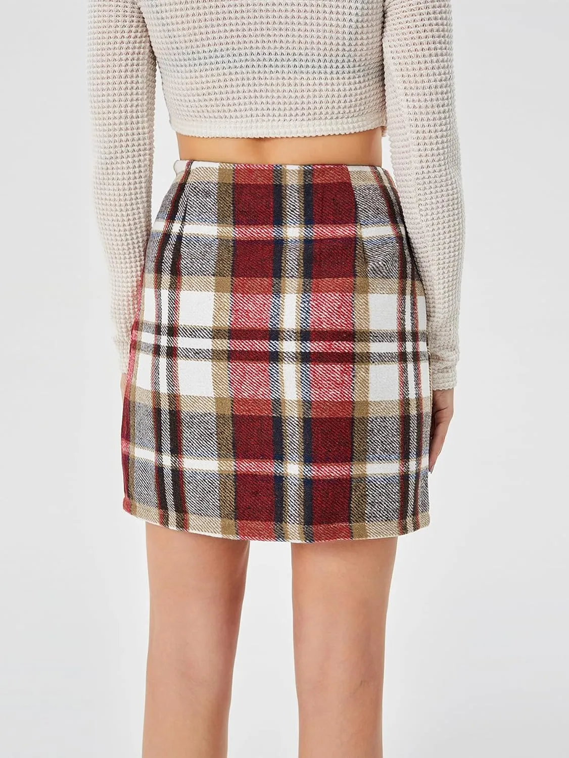 Women's Casual High Waist Plaid Skirt Bodycon Pencil Wool Mini Skirts