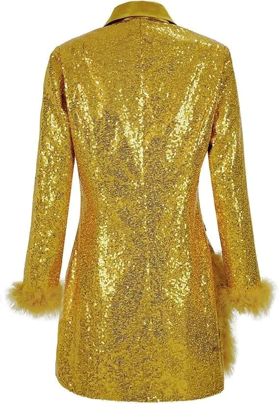 Women's Lapel Collar Sequin Long Blazers for Party, Wedding Long Sequin Blazer, Club Sequin blzer Coat Long Multicolor