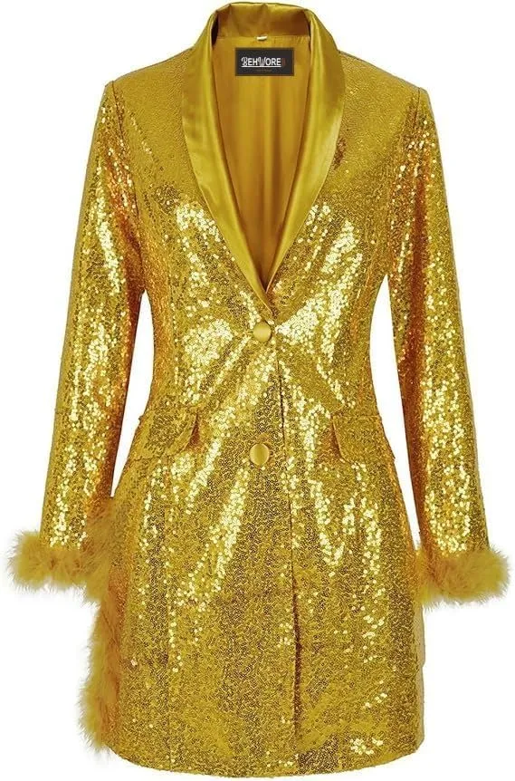 Women's Lapel Collar Sequin Long Blazers for Party, Wedding Long Sequin Blazer, Club Sequin blzer Coat Long Multicolor