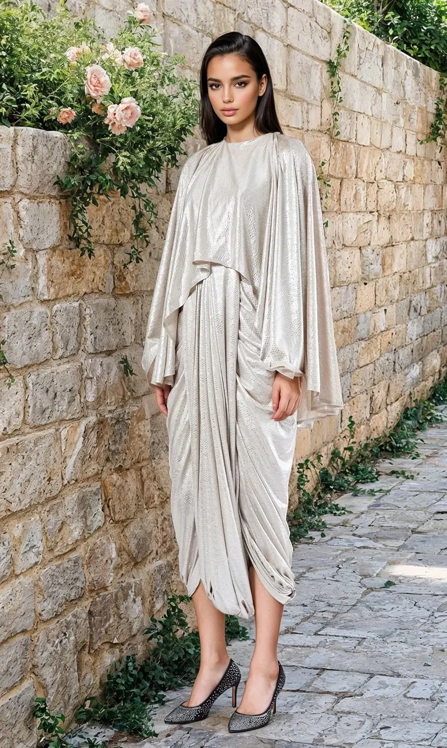 Women's Modified Drape Jump Suit with Attached Cape Beige