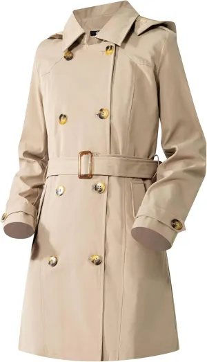 Women's Trench Coat Double Breasted Classic Mid-Length Adjustable Belt Jacket with Detachable Hood and Vest