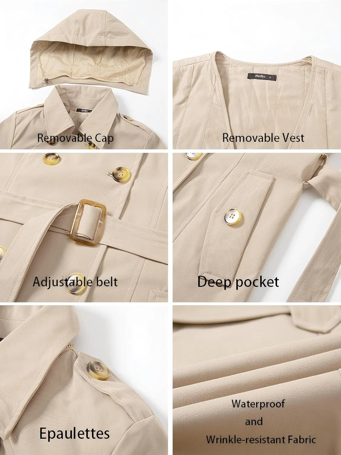 Women's Trench Coat Double Breasted Classic Mid-Length Adjustable Belt Jacket with Detachable Hood and Vest
