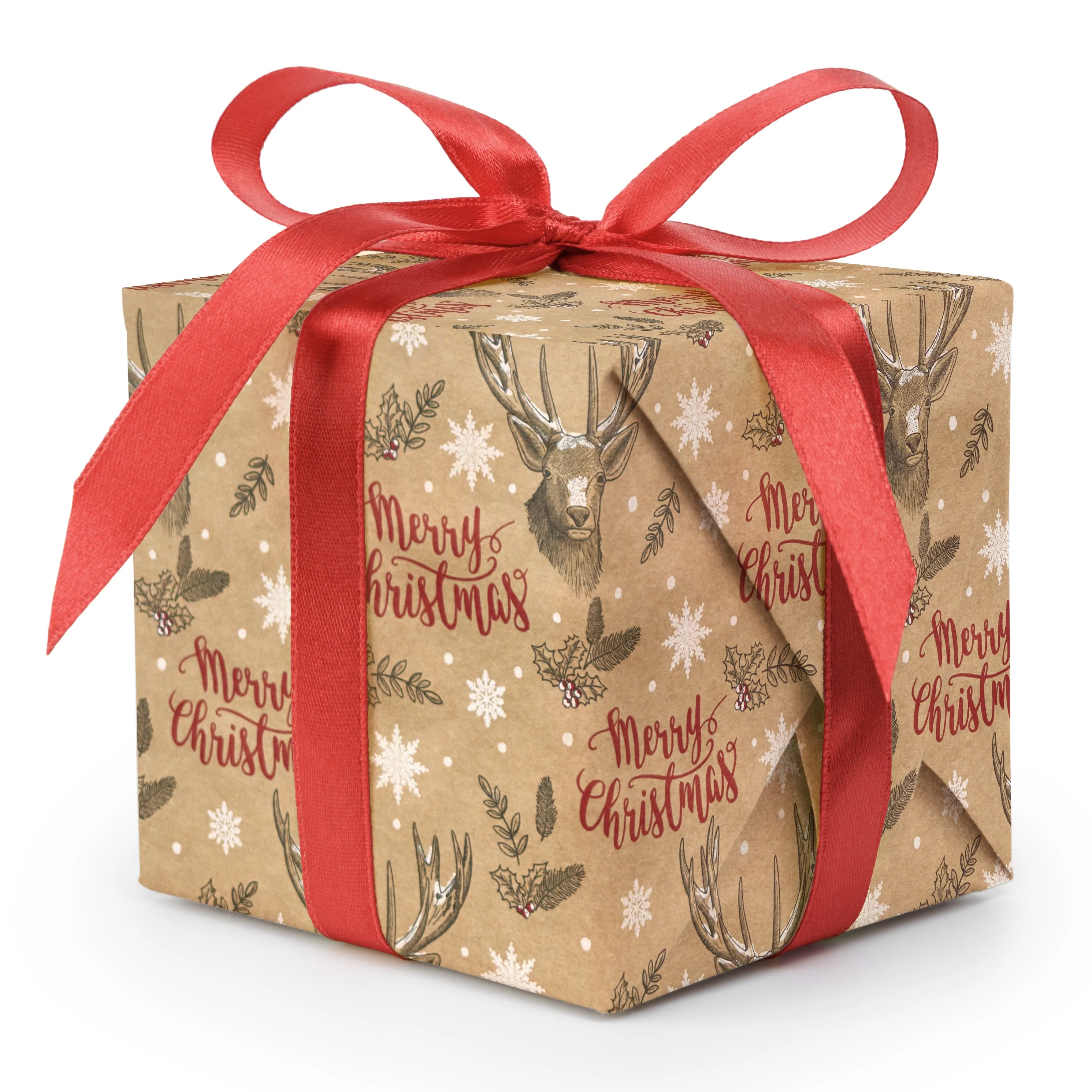 Wrapping Paper - Red Bauble & Natural Stag Kraft Gift Wrap - Singles or 4 Pack - 2m Roll