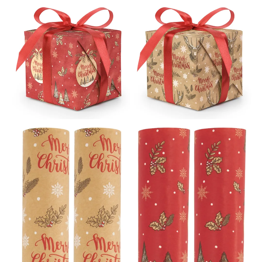 Wrapping Paper - Red Bauble & Natural Stag Kraft Gift Wrap - Singles or 4 Pack - 2m Roll