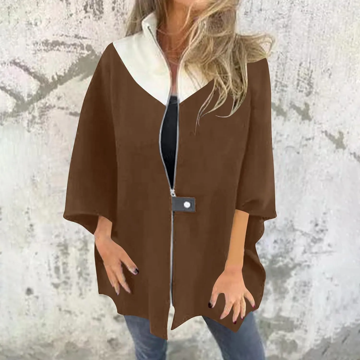 XUNRYAN Womens Winter Fall Cape Coat No Hood Cloak Midi Long Trench Coat Faux-Wool- Blend Zip Up Jackets Fashion Outerwear