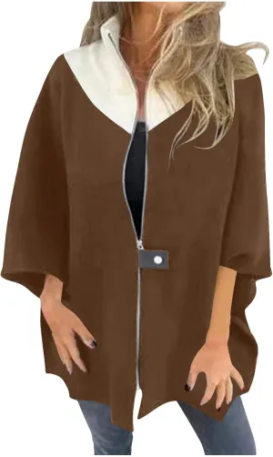 XUNRYAN Womens Winter Fall Cape Coat No Hood Cloak Midi Long Trench Coat Faux-Wool- Blend Zip Up Jackets Fashion Outerwear