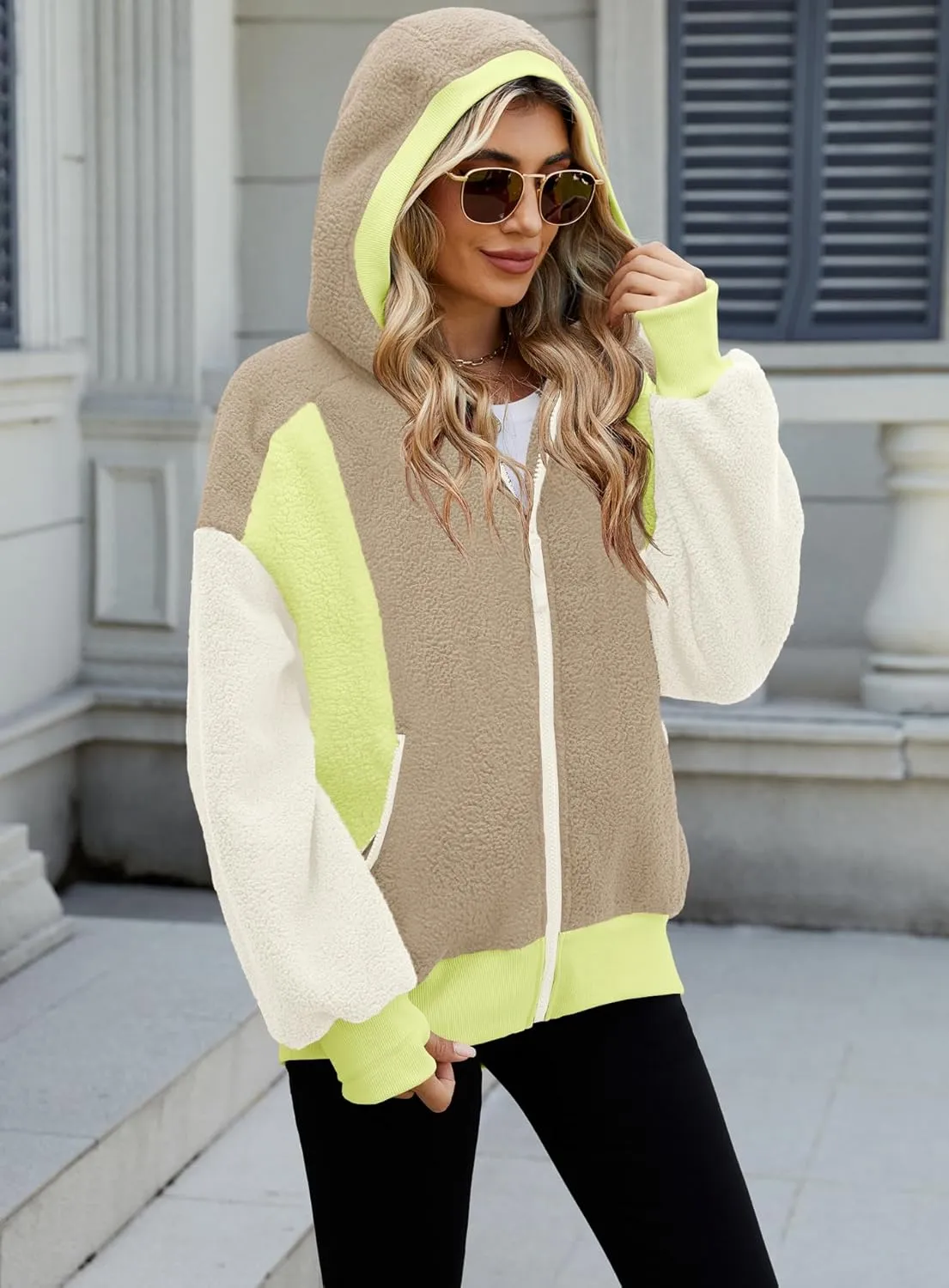 Yanekop Womens Oversized Sherpa Jacket Cozy Color Block Fleece Jacket Fuzzy Zip Up Hoodies Outerwear with Pockets