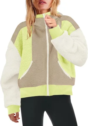 Yanekop Womens Oversized Sherpa Jacket Cozy Color Block Fleece Jacket Fuzzy Zip Up Hoodies Outerwear with Pockets