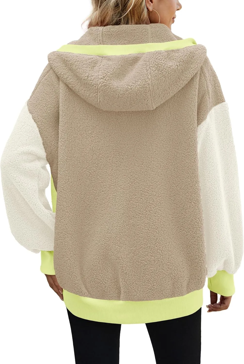 Yanekop Womens Oversized Sherpa Jacket Cozy Color Block Fleece Jacket Fuzzy Zip Up Hoodies Outerwear with Pockets