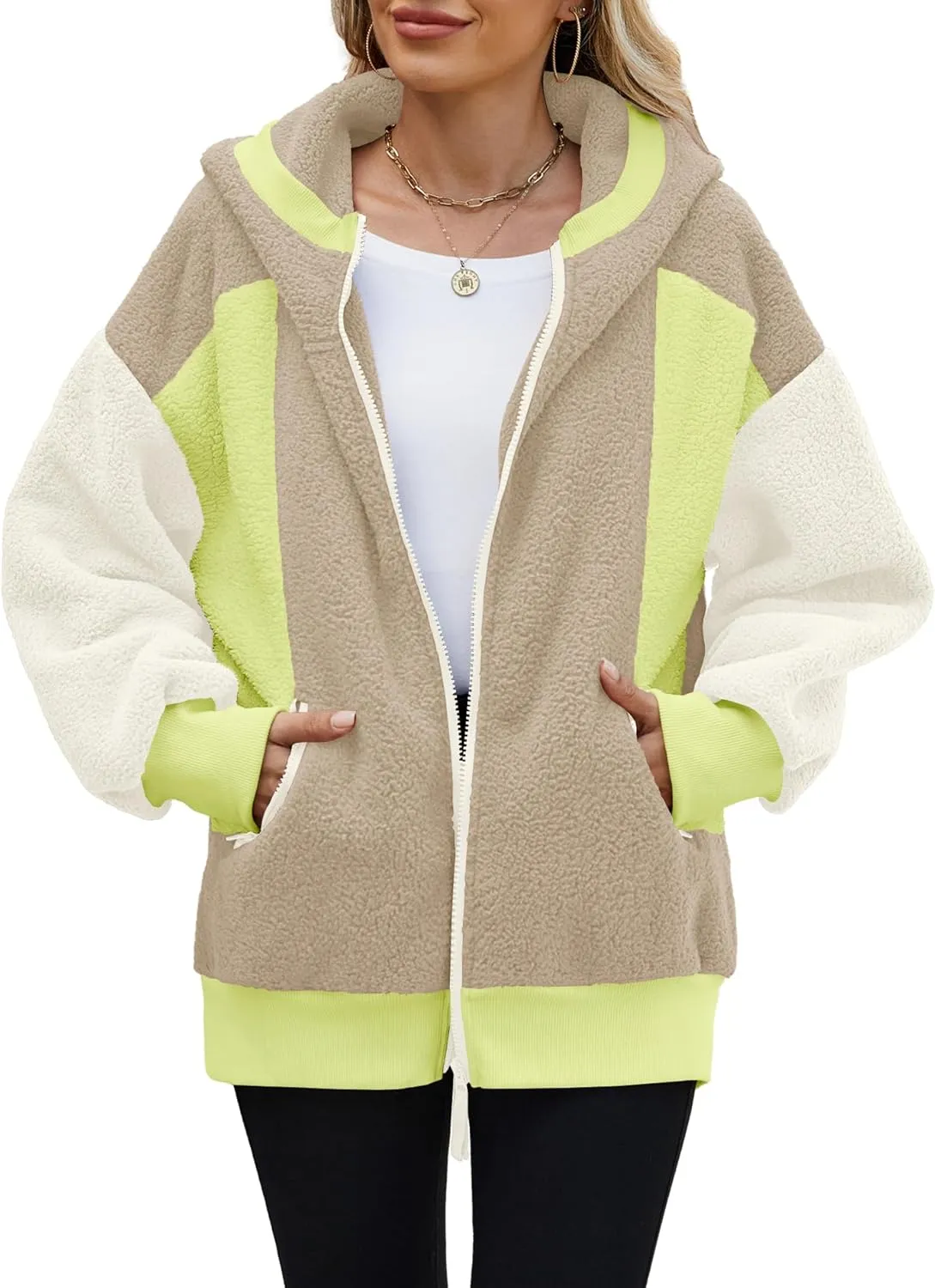 Yanekop Womens Oversized Sherpa Jacket Cozy Color Block Fleece Jacket Fuzzy Zip Up Hoodies Outerwear with Pockets