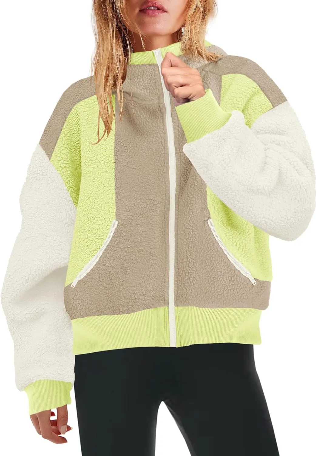 Yanekop Womens Oversized Sherpa Jacket Cozy Color Block Fleece Jacket Fuzzy Zip Up Hoodies Outerwear with Pockets