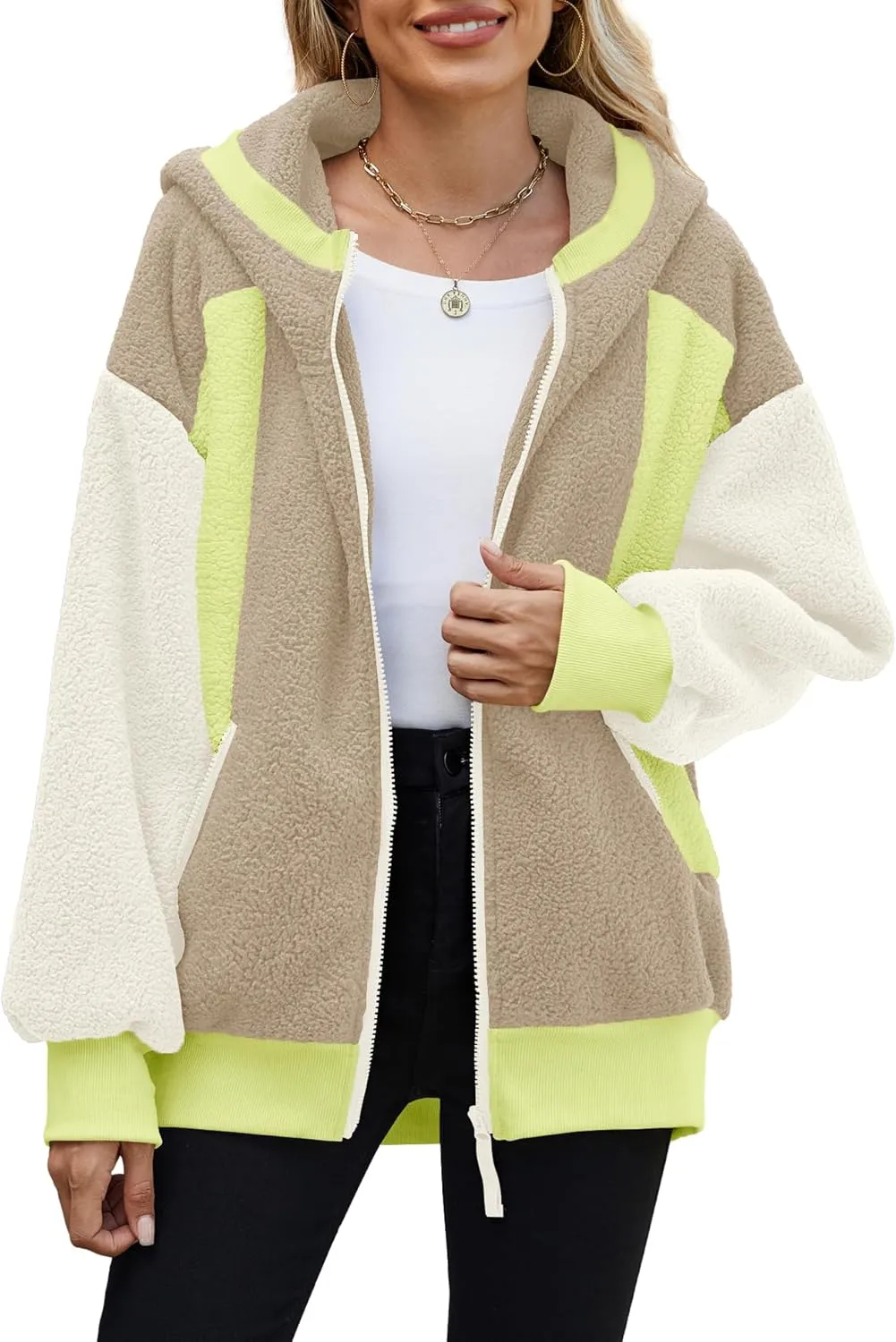 Yanekop Womens Oversized Sherpa Jacket Cozy Color Block Fleece Jacket Fuzzy Zip Up Hoodies Outerwear with Pockets
