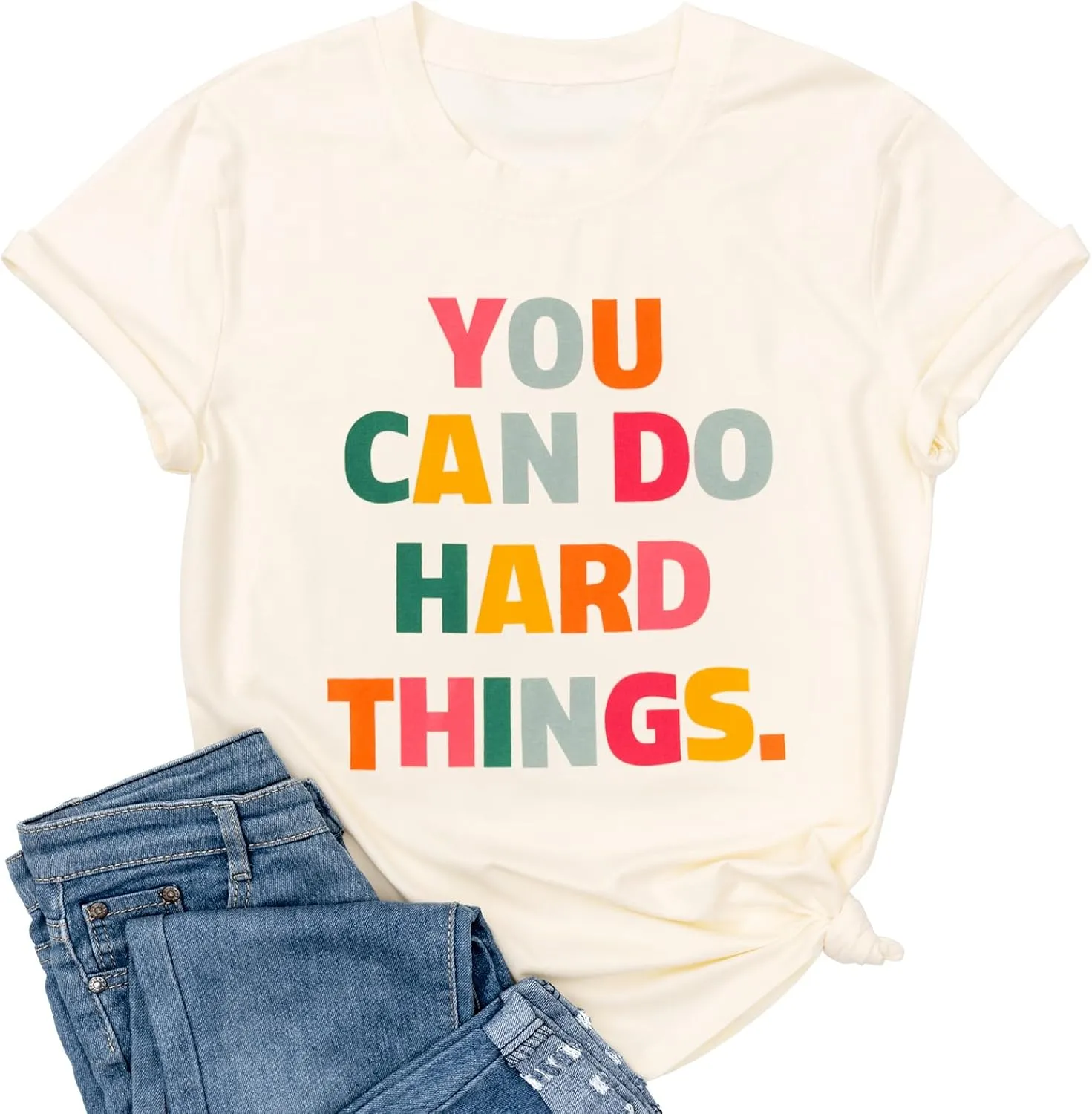 Ykomow You Can Do Hard Things Teacher T Shirt Womens Let it Be Live Happy Happiness Graphic Tees